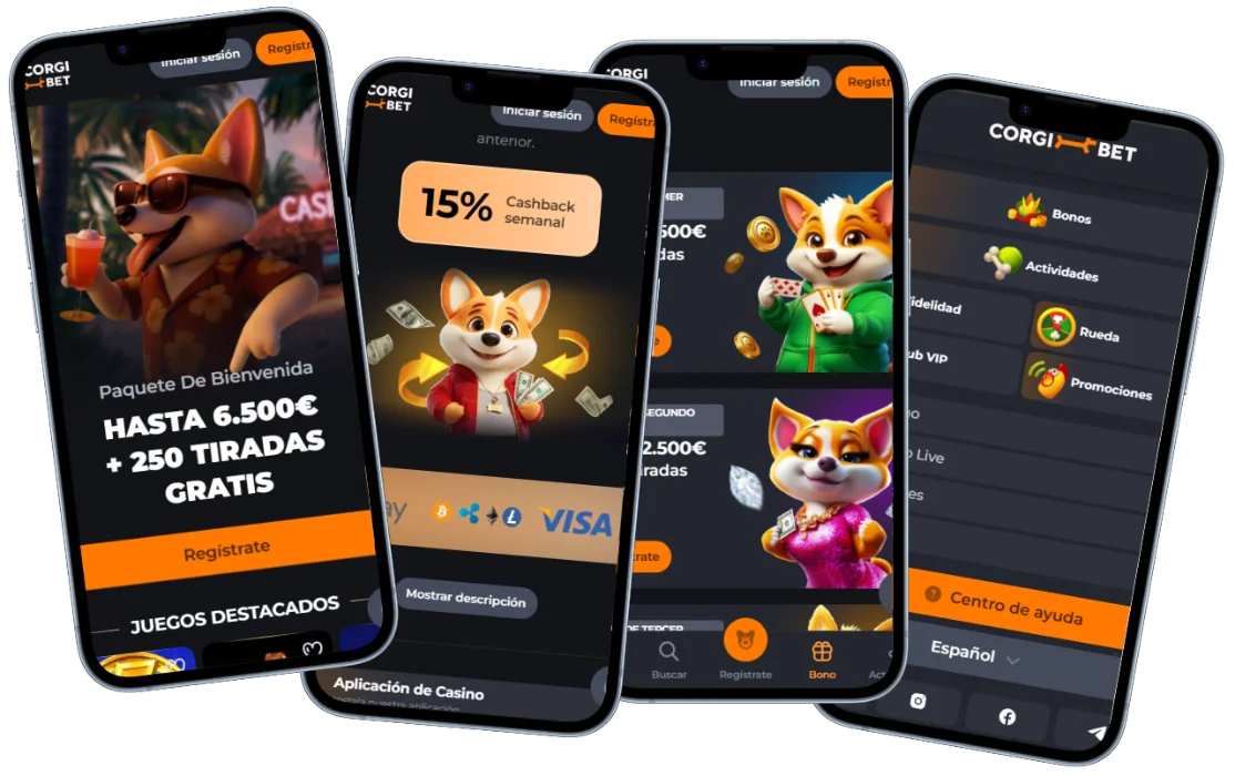 CorgiBet versión móvil con casino, promociones, bonos y menú de usuario